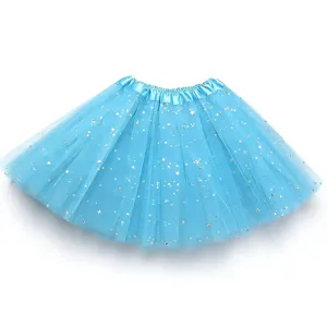 Girls light blue tutu skirt with star sequins, fluffy mesh layered skirt for dance and party.