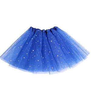 Close-up detail of blue tulle tutu skirt with gold stars and fluffy layered mesh.