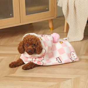 Thickened pink checkered dog cloak, cute pet winter warm blanket bathrobe with hood and pompom.