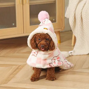 Cute pink plaid pet dog cloak with hood and pom-pom, thick warm winter pet cape for dogs.