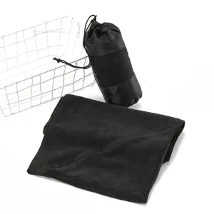 Black microfiber sports towel with zipper pocket and travel pouch for outdoor fitness quick dry.