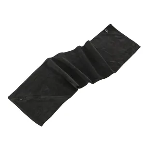 Black microfiber sports towel with zipper pocket, quick dry gym travel fitness towel.
