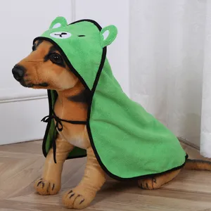 Accappatoio per animali in microfibra verde con cappuccio e orecchie d'orso cani gatti