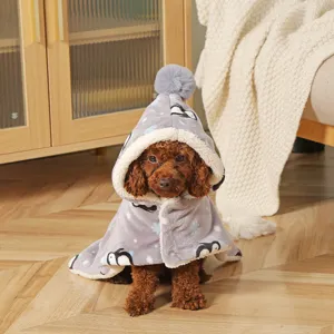 Warm dog cloak winter pet cape with cute hood and penguin pattern for small puppies daily wear