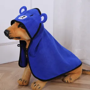 Accappatoio blu per animali con cappuccio da orsetto, asciugamano microfibra per cani.