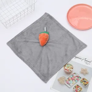 Coral fleece hand towel detail view showing soft grey fabric and cute carrot hanging loop.