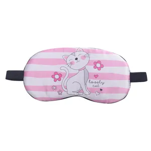 Cute pink striped cat sleep mask with elastic strap for comfortable resting and blocking light.