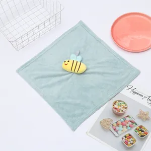 Cute coral fleece hand towel with cartoon bee, soft absorbent hanging towel for bathroom kitchen.