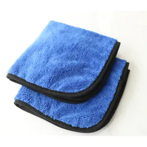 Thickened blue microfiber car cleaning towel with black edge, soft plush detailing cloth.