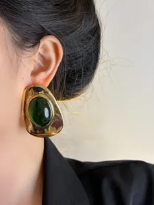 Vintage irregular gold metal earrings with dark green resin stone for women chic retro style