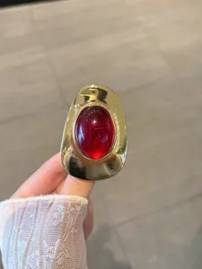 Vintage red stone gold ring, irregular metal open ring, retro fashion jewelry for women