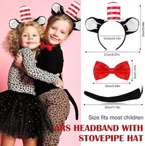 Detail view of children cosplay cat ear headband, stovepipe hat, bow tie and tail set.