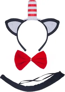 Cat in the Hat costume set with red white striped hat cat ears bow tie and tail cosplay.