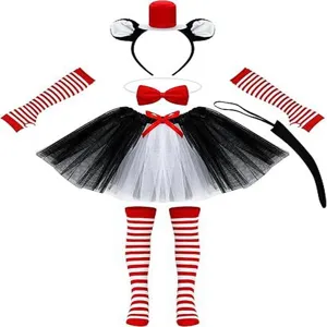 Lolita red white striped cat ear headband cosplay costume set with tutu skirt and stockings.