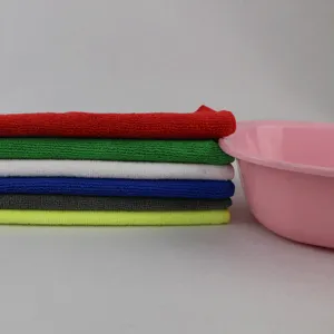Colorful microfiber cleaning towels set with basin for daily household kitchen use.