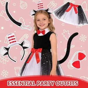 Kids cat costume set with red white striped hat headband tutu dress cosplay party outfit
