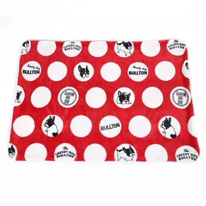 Cozy red polka dot pet blanket with cute French bulldog print, soft warm dog and cat mat.