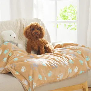 Soft flannel pet blanket with cute paw print pattern, cozy warm cover throw for home and office.