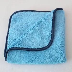 Blue microfiber car cleaning towel with dark blue edge, soft, absorbent, and durable for auto.