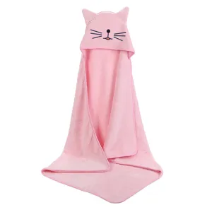 Cute pink cat hooded bath towel for kids, soft coral fleece quick drying baby wrap wrap.