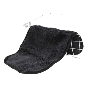 Black microfiber facial cleansing makeup remover towel with white wire display stand.