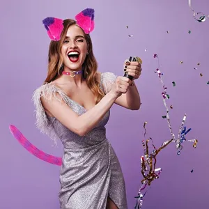 Cat ear headband and fluffy tail set details for costume party, purple theme roleplay scene.
