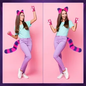 Cosplay furry cat ears headband glowing paws and tail set for party Halloween costume.