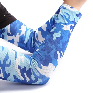 Cooling ice silk arm sleeves with blue camo pattern for outdoor sports, sun protection.