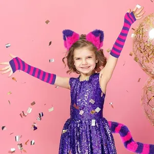 Kids pink purple striped cat ear headband arm warmers tail costume set for party cosplay