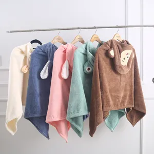 Baby coral fleece hooded bath towel, soft absorbent newborn swaddle blanket, cute animal cape.