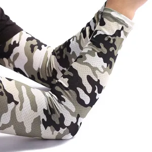 Detail view of breathable camo ice silk sun protection sleeves for outdoor sports and driving.