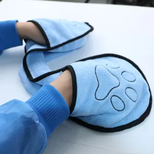 Thickened pet microfiber drying towel with cute paw print design, absorbent pet bath mitts.
