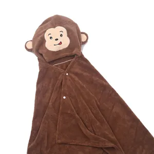 Brown baby hooded towel coral fleece cute monkey design soft absorbent infant swaddle blanket