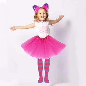 Detailed view of the cute cat costume set featuring striped tights, tutu skirt, and ears.