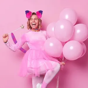 Cosplay cat girl costume set with fluffy ears, pink dress, wand, and tail for party.