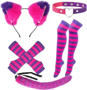 Cosplay cat ear headband collar striped socks arm warmers and fluffy tail set for party.