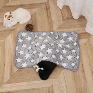 Grey coral fleece pet blanket with white star print, soft warm mat for cats and dogs detail.