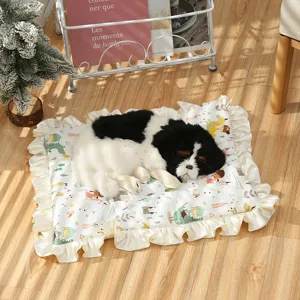 Cute pet plush dog sleeping cushion with ruffled skirt design, cozy home decor sofa mat pad.
