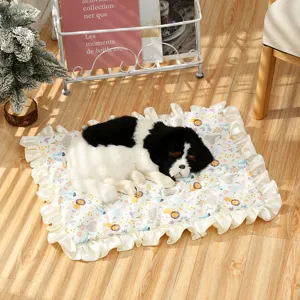 Cute cartoon floral pet sleeping mat plush dog cushion with ruffled hem cozy fleece bed