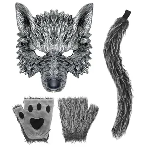 Set de disfraz de lobo de Halloween con máscara cola de peluche y guantes de pata para fiesta