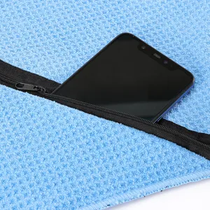 Microfiber sports towel with zipper pocket, fast drying gym towel for outdoor travel and fitness.