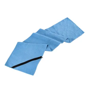 Blue microfiber sports gym towel with zipper pocket quick drying for outdoor travel fitness.