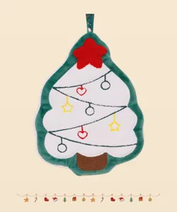 Christmas tree coral fleece hand towel detail, featuring cute embroidery, soft and absorbent.