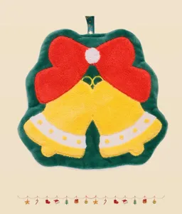 Christmas coral fleece hand towel, cute cartoon bell and bow design for kitchen and kids.