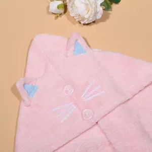 Pink coral fleece dry hair cap detail, cute cat ear embroidery design, soft and fast.