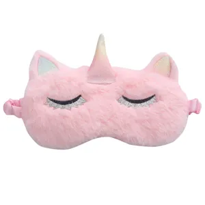 Cute pink plush unicorn sleeping eye mask with gradient horn and soft warm fabric for winter.