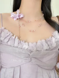 Fairy resort style purple floral beaded necklace sweet fresh clavicle chain for women