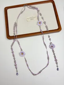 Long purple pearl necklace with fabric flowers, French romantic style fashion jewelry stackable.