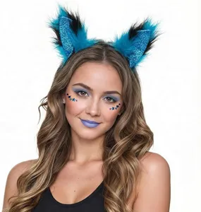 Detail shot of blue fluffy cat ears headband with sparkly glitter accents for cosplay party wear.