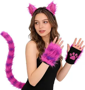 Pink and purple fuzzy cat ears headband, paw gloves and long tail costume detail.